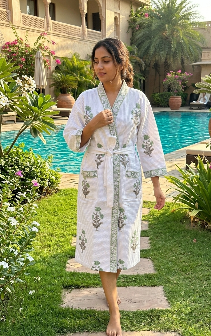 Gulabi Thappa Unisex Waffle Cotton Bathrobe – Hand Block Print, Free Size