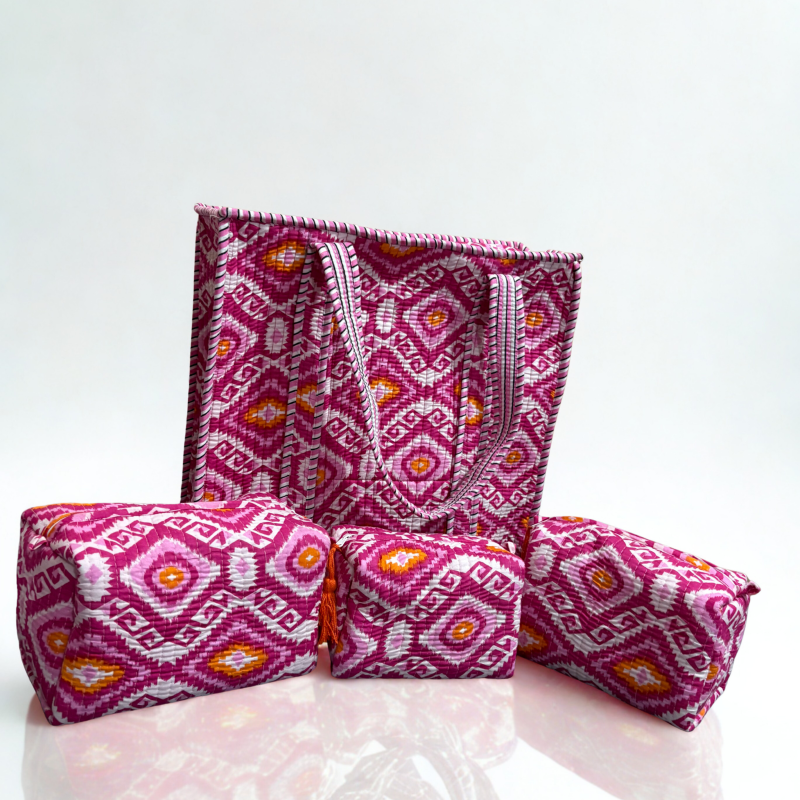 Jaipuri Handblock Tote & Pouch Set – 4-in-1 Everyday Elegance