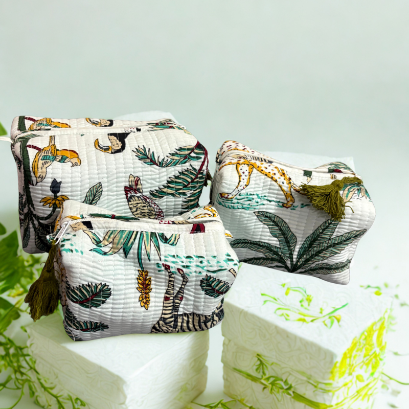 Gulabi Thappa Jaipuri Handblock Pouch Set