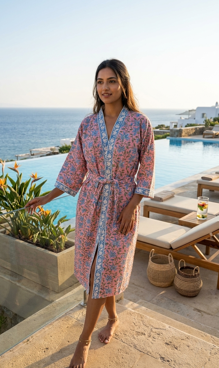 Waffle Cotton Hand Block Printed Unisex Bathrobe – Free Size, Fits Up to XXL