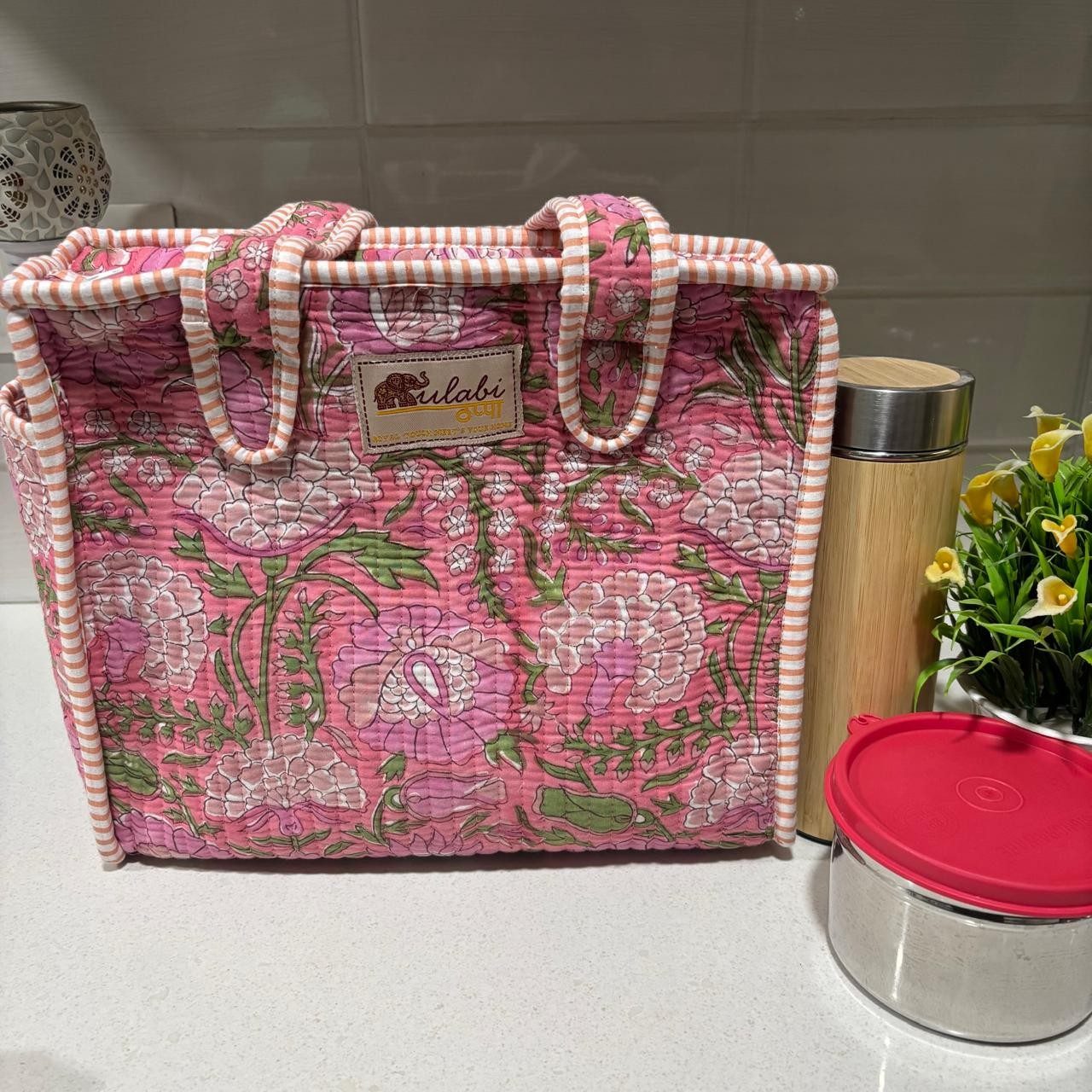 Jaipuri Hand Block Printed Lunch Bag – 100% Cotton, Zip Closure, Bottle Holder, Lightweight