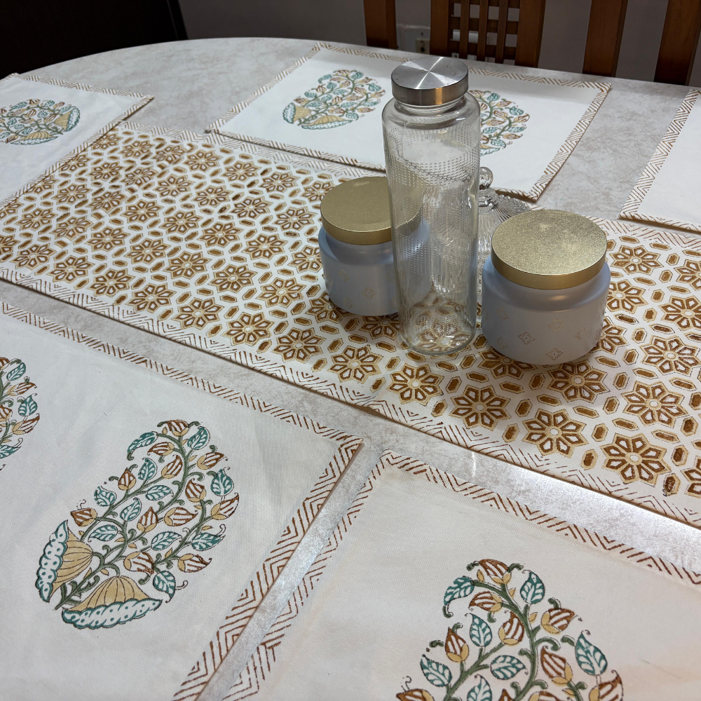 Gulabi Thappa Handcrafted Cotton Table Runner & Placemat Set – 7 Piece Dining Set