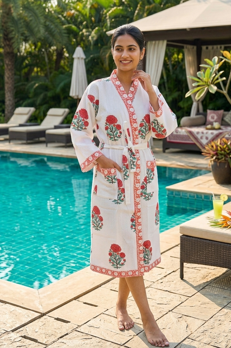 Handcrafted Waffle Cotton Unisex Bathrobe – Jaipuri Block Print, Free Size