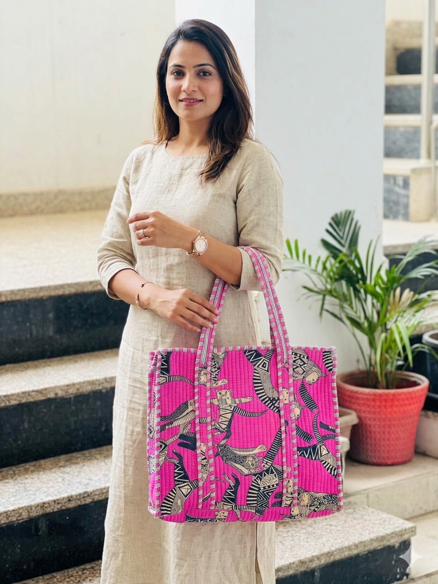 Royal Pink Jaipuri Handblock Zipped Tote (16x18 inches) – Premium Everyday Elegance